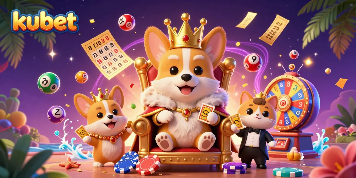 Experience the excitement of kubet with a vibrant, dynamic illustration of a royal corgi in a casino setting, surrounded by lottery elements.