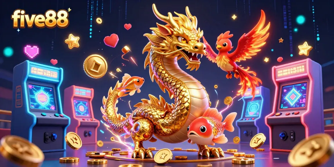 Engage with five88's casino adventure featuring a golden dragon, phoenix, and koi fish.