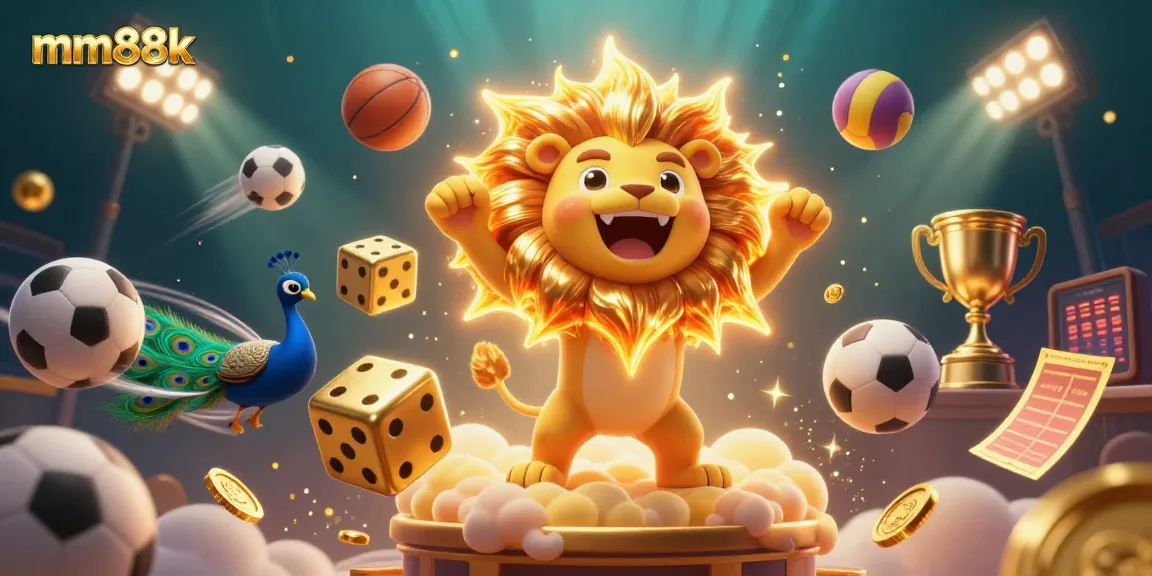 Engage in exciting games at mm88k while the dynamic scene showcases a roaring lion amidst sparkling casino elements.
