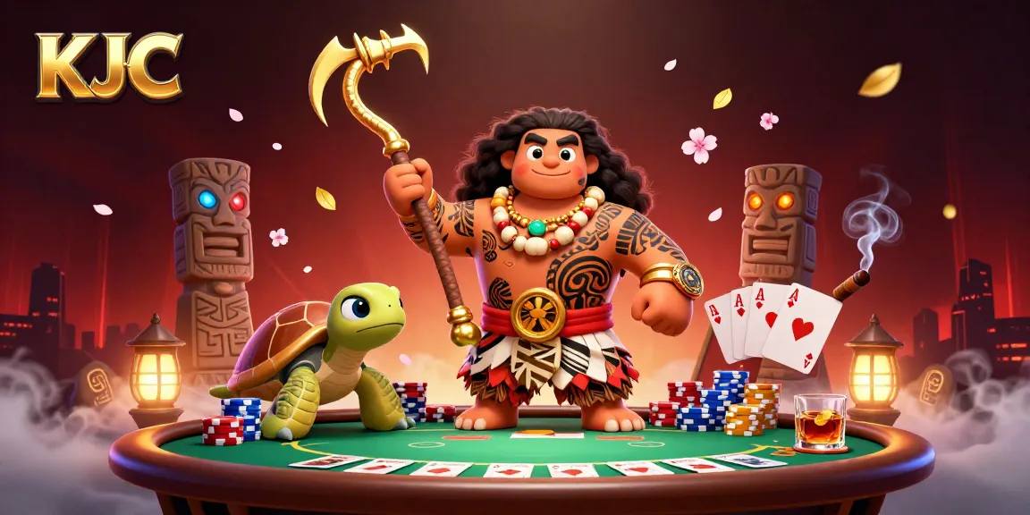 KJC showcases a vibrant poker scene with a Maui-style demigod and enchanting turtle amidst dynamic gaming elements.